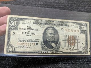 Rare 1929 Us $50 National Currency Brown Seal - Reserve Bank Of Cleveland - 331