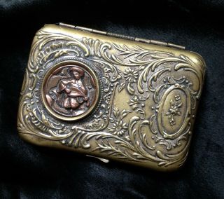 Great Antique Brass Copper Art Nouveau Cigarette Case Box Medieval Troubadour