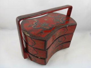Antique Chinese Papier Mache 5 Claw Dragon & Flaming Pearl 3 Tier Box Late 19thc