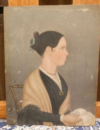 Antique Primitive Oil Painting Of Lady 9 " X 7 " On Wood Early 1800 