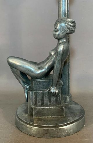 Antique Art Deco Old Nude Lady Statue Figural Nickel Silver Finish Boudoir Lamp