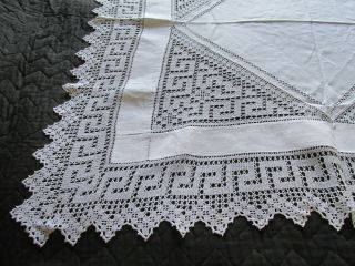 Antique Hand Embroidered Linen Tablecloth - HAND CROCHET LACE EDGING 2