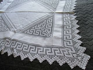 Antique Hand Embroidered Linen Tablecloth - HAND CROCHET LACE EDGING 3