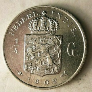 1909 Dutch East Indies 1/4 Gulden - Au/unc - Very Rare,  Value Silver Coin - 103