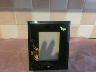 Lovely Vintage Black Lacquered Photo Frame With A Mother Of Pearl Butterfly
