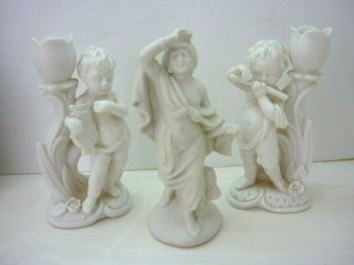 Vintage Parian Ware Porcelain Bisque Figurine & Children Candle Holders
