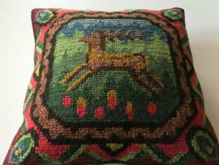 Swedish Vintage Embroidered Tapestry Cushion,  Deer In Forest Clearing