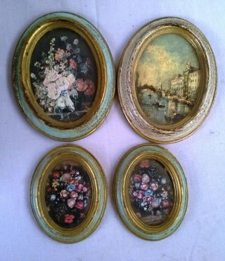 Vintage 4 Prints In Plastic Frames Oval Shaped Glass Fronted,  Made In Italy