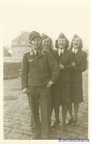 Port.  Photo: Rare Female Luftwaffe Uniformed Helferin Girls W/ Soldier Friend
