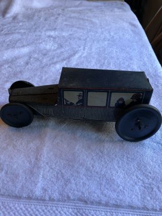 Rare Old Tin Litho Wind Up Hand Crank Gangster Car Limo Spring Loaded