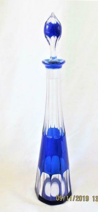 Large Val St.  Lambert Blue Crystal Wine Decanter Cut To Clear