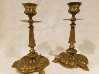 Set Of 2 Vtg French Empire Brass Trinity Candlesticks - Ca.  1850