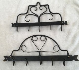 2 Antique Primitive 18th Century Hand Forged Wrought Iron Racks W/5 Hooks