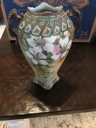 Antique Nippon Vase Hand Painted Dog Wood Gold Bead Trimming 12.  5”