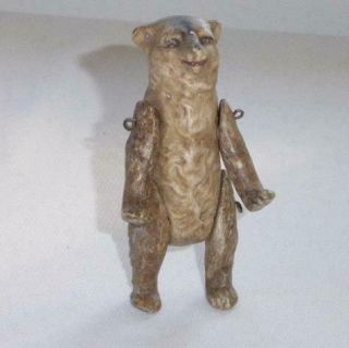 Antique German Hertwig All Bisque Wire Jointed Brown Bear 3 " Tall
