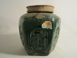 Antique Chinese Shiwan Jade Green Glazed Hexagonal Earthenware Ginger Jar W/ Lid