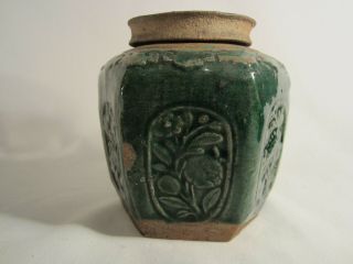 Antique Chinese Shiwan Jade Green Glazed Hexagonal Earthenware Ginger Jar w/ lid 2