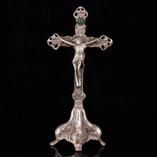 Collectable Handwork Old Miao Silver Inlay Agate Carve Cross Jesus Pray Statues