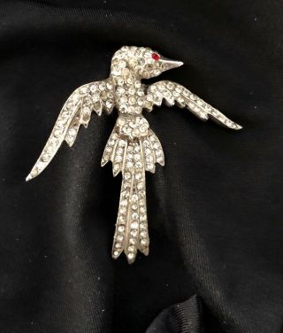 Vintage 1940’s Rare Sterling & Rhinestone Eagle Brooch W/ Red Stone For Eye