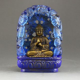 Vintage Chinese Blue Peking Glass Inlay Gilt Gold Bronze Buddha Statue