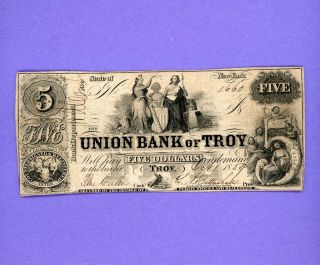 1859 $5 Union Bank Of Troy N.  Y.  Very Rare Higher Grade York Note