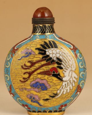 Rare Chinese Old Enamels Cloisonne Hand Painting Royal Crane Statue Snuff Bottle