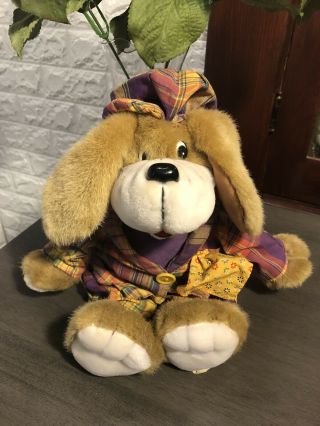 Vtg 1982 Commonwealth Stuffed Plush Animal 16” Dog Puppy Plaid Clothes Hat Rare