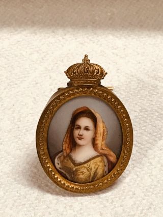 Antique Painted Lady Portrait Porcelain Miniature In Metal Frame
