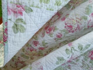 Lovely Vintage Small 2 Sided Patchwork Quilt Pink Roses Green & Hazy Blues