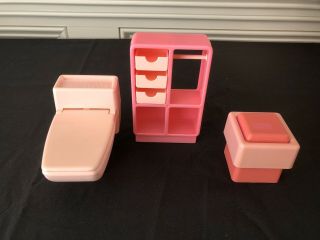 Vintage Barbie Dream House Pink Commode Toilet 1979 Towel Shelf And Stool