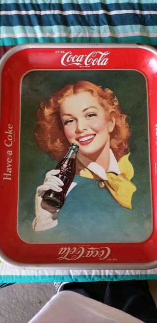 Metal Coca Cola Serving Tray Woman Antique