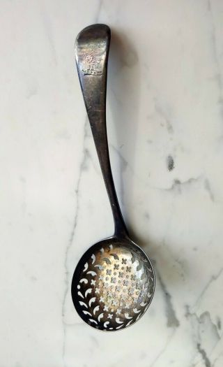 Antique Pre - 1800 Decorative English Sterling Silver Tea Strainer Ladle Spoon