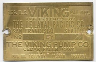 Rare Vintage Brass Name Plate The Viking Pump Co.  Tag
