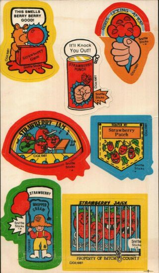 Rare Scratch & Sniff Vintage Stickers Sheet Gordy Sniffle Sticks Strawberry