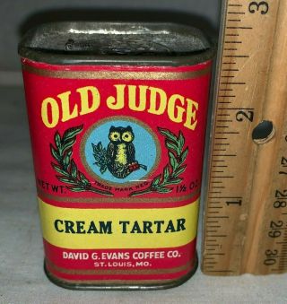 Antique Old Judge Cream Tartar Spice Tin David Evans St Louis Mo Grocery Can Owl