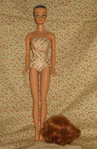 Vintage 1963 Barbie Fashion Queen Doll 870 W Red Wig Gold Stripe Suit Nipples?