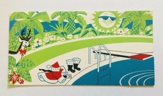 Rare Vintage Christmas Card Santa Skinny Dipping Pool Reindeer Palm Tree Sun Vtg