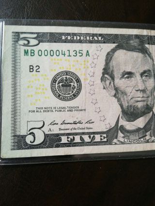 $5 Five Dollar Us Federal Reserve Note 2013 Rare Low Serial Number Mb00004135a