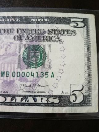 $5 FIVE Dollar US Federal Reserve Note 2013 RARE Low Serial Number MB00004135A 2