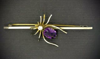 Antique Spider Brooch Bar Pin Purple And White Paste Costume Yellow Metal Faded