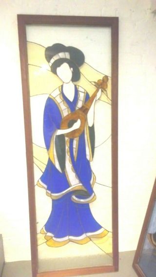 Vintage Stained Glass Oriental Lady Panel 1970 