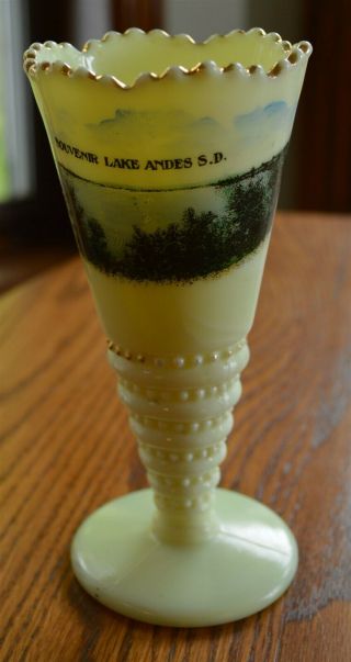 Antique Custard 6 " Vase Lake Andes S.  D.  South Dakota Lake Scene
