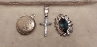3 Small Antique Or Vintage Pendants,  Cross,  Locket,  Gold Tone Blue Stone Set