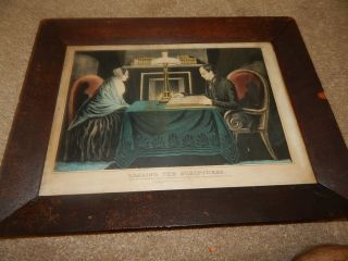 Antique Currier And Ives Lithograph - Reading The Scriptures