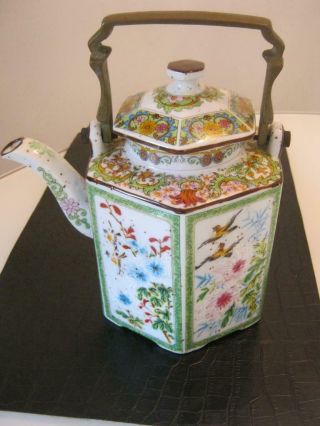 Stunning Vintage Chinese Porcelain Hexagonal Teapot With Brass Handle