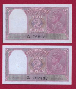 Two Consecutive India 2 Rupees King George Vi 1943 P17b - Rare