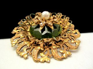 Rare Vintage 2 - 1/4 " Signed Miriam Haskell Green Glass Rhinestone Brooch Pin A8
