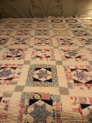Antique Star Quilt Patched Hand Made Colorful Blanket Hanging Art Old Fabric