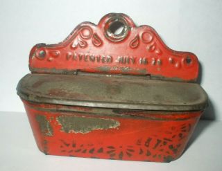 Antique Tin Wall Box Stick Match Holder Wall Safe - Old Red Paint - July 16 78