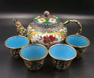 A Set Collectible Handmade Brass Cloisonne Enamel Teapot Cup Flower